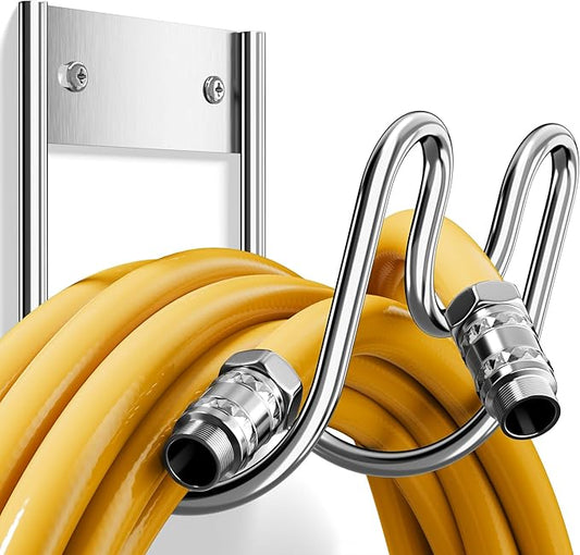 Stainless Steel Garden Hose Holder - Extra Large Heavy Duty Silver SS304 Wall Mounted Hanger for Water Hose, Extension Cords, Vacuum Lines, Anti-Rust
