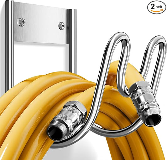 Stainless Steel Garden Hose Holder - Extra Large Heavy Duty Silver SS304 Wall Mounted Hanger for Water Hose, Extension Cords, Vacuum Lines, Anti-Rust (2 Pack)