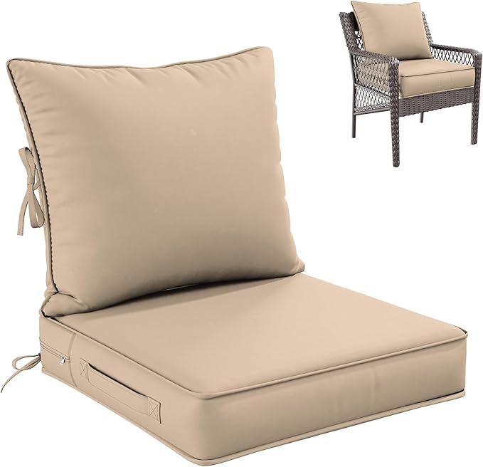 Premium Outdoor Seat Cushion Chair Cushions for Patio Furniture 22 L X 22 W X 4 H Waterproof & Fade Resistant Deep Seat and Backrest Cushion Set with Removable Covers for Chair, Sofa