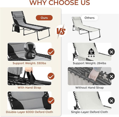 TLSUNNY Padded Folding Lounge Chair, Portable Reclining Chair with Pillow & Side Pocket, Outdoor 5-Position Adjustable Chaise Lounger with Carrying Handle, for Beach, Pool, Sunbathing (Black & Gray)