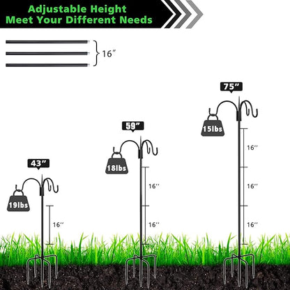 FEED GARDEN Heavy Duty Shepherds Hook 76" Triple Hooks - Metal 5-Prong Base, Adjustable (44/60/76") - 17lb Capacity Bird Feeder Pole for Hanging Plants, Solar Lanterns, Wind Chimes, 1 Pack