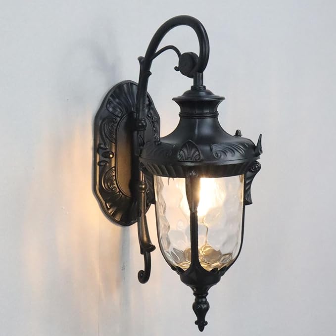 SAMTEEN Black Outdoor Wall Light Fixtures Modern Farmhouse 1-Light Outdoor Wall Sconce with Hammered Glass Wall Lantern Light for Porch Garage Courtyard, 16-Inch