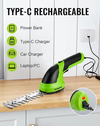 WORKPRO Cordless Grass Shear & Shrubbery Trimmer - 2 in 1 Handheld 7.2V Electric Grass Trimmer Hedge Shears/Grass Cutter Rechargeable Lithium-Ion Battery and Type-C Cable Included