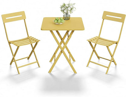 GarveeTech 3-Piece Folding Bistro Set, Heavy Duty Outdoor Patio Furniture with 2 Chairs & 1 Table, Weather-Resistant Steel Frame, No Assembly Required for Garden, Yard, Balcony,Yellow