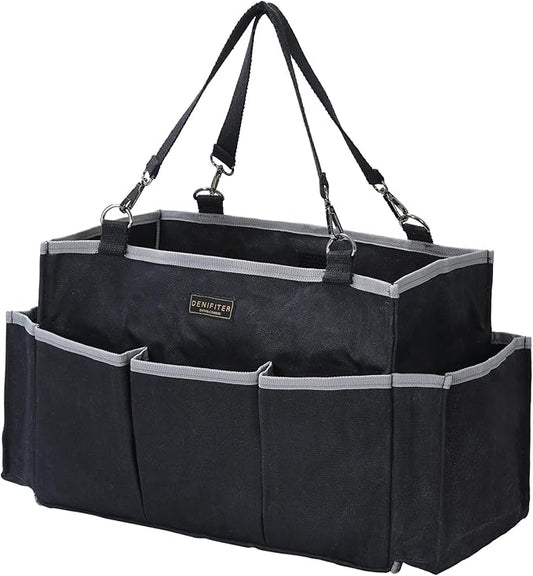 Denifiter Waxed Canvas Tool Pouch,1 Large Capacity Tool Storage Tote & 8 External Slots, 15 X 9.8 X 7.8 inch Muti-Purpose Tool Bag with Adjustable Shoulder Strap | Black