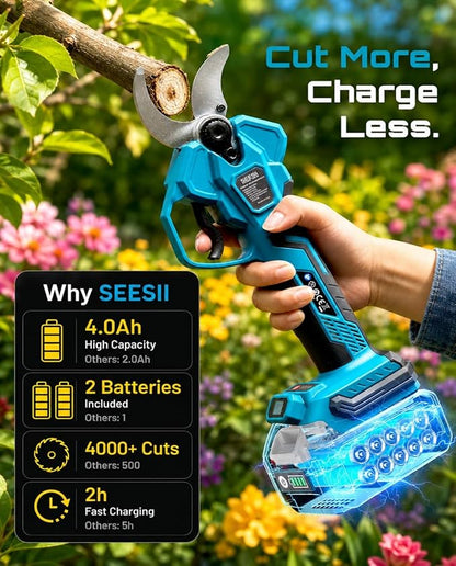 SEESII Electric Pruning Shears for Gardening: 1.8” Cutting Cordless Power Pruner - Brushless Motor, Dual 4.0Ah Battery, 4 Levels Adjustable Extra SK5 Blade Branches Cutter For Tree & Flower Trimming