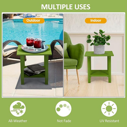 Adirondack Outdoor Side Table with Wood-Like Grain, 16.6" Small Patio End Table, 2-Tier HDPE Plastic Table for Poolside Porch Garden, Weather Resistant & Easy Assembly (Lime, Rectangle)