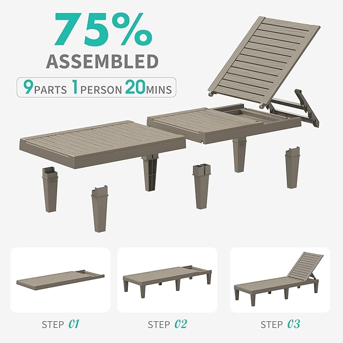 Outdoor Lounge Chair Set of 2 with 1 Black Side Table, 5-Positions Adjustable Patio Chaise Lounge with End Table, Waterproof Pool Lounge Chairs for Poolside, Backyard, Striped Grey