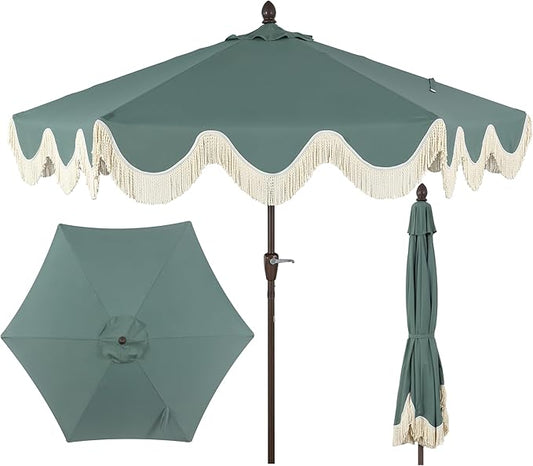 JONATHAN Y UMB1001 Collins 9 ft. Classic Cottage Tassel Market Patio Umbrella with Auto-Tilt, Crank, Wind Vent and UV Protection