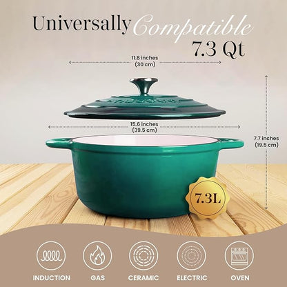 Cast Iron Dutch Oven with Lid - Non-Stick Ovenproof Enamelled Casserole Pot- Sturdy Dutch Oven Cookware - Dark Green, 7.3-Quart, 30cm - by Nuovva