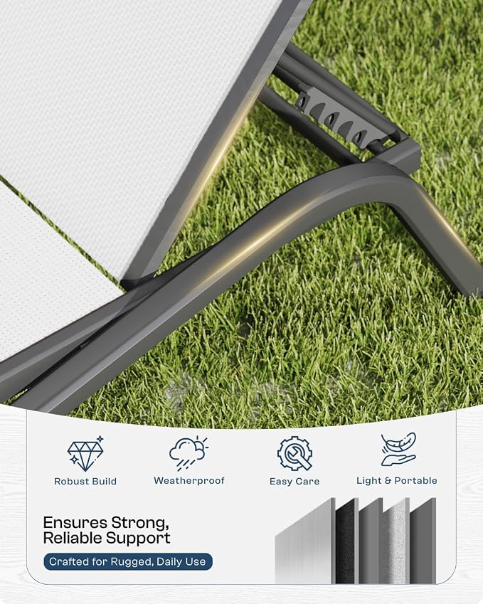 Adjustable Patio Chaise Lounge Chair, Outdoor Pool Lounger for Sunbathing & Tanning, All-Weather Textilene Sun Bed for Beach, Porch & Deck, Rust-Proof Aluminum Frame, White