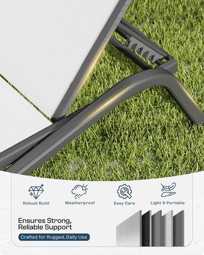 Adjustable Patio Chaise Lounge Chair, Outdoor Pool Lounger for Sunbathing & Tanning, All-Weather Textilene Sun Bed for Beach, Porch & Deck, Rust-Proof Aluminum Frame, White