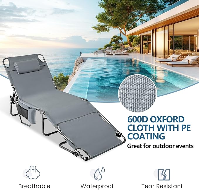 Tanning Chair with Face Hole, Adjustable Folding Chaise Lounge Chairs for Outside with Detachable Pillow & Pocket，Portable flat beach chairs for sunbathing, beach lawns camping (Deep Grey, Standard)