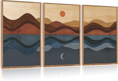 CHDITB Mid Century Modern Framed Canvas Wall Art, Boho Mountain Sun Moon Wall Decor, Abstract Nature Ocean Landscape Artwork, Minimalist Geometric Wave Posters for Living Room Bedroom Office 16"x24"x3