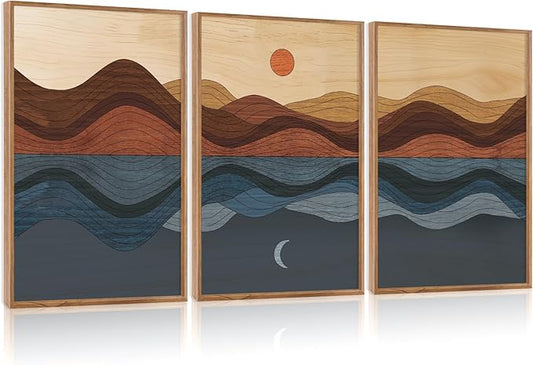 CHDITB Mid Century Modern Framed Canvas Wall Art, Boho Mountain Sun Moon Wall Decor, Abstract Nature Ocean Landscape Artwork, Minimalist Geometric Wave Posters for Living Room Bedroom Office 16"x24"x3