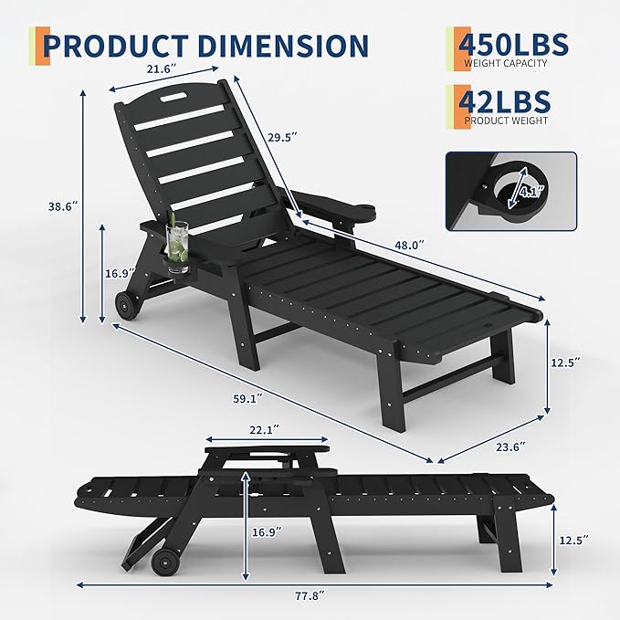 PeakPursuit Patio HDPE Chaise Lounge with Rolling Wheels, Oversize 5-Position Lounge Chair with Cup Holder, Resin Pool Lounger Chair for Outside