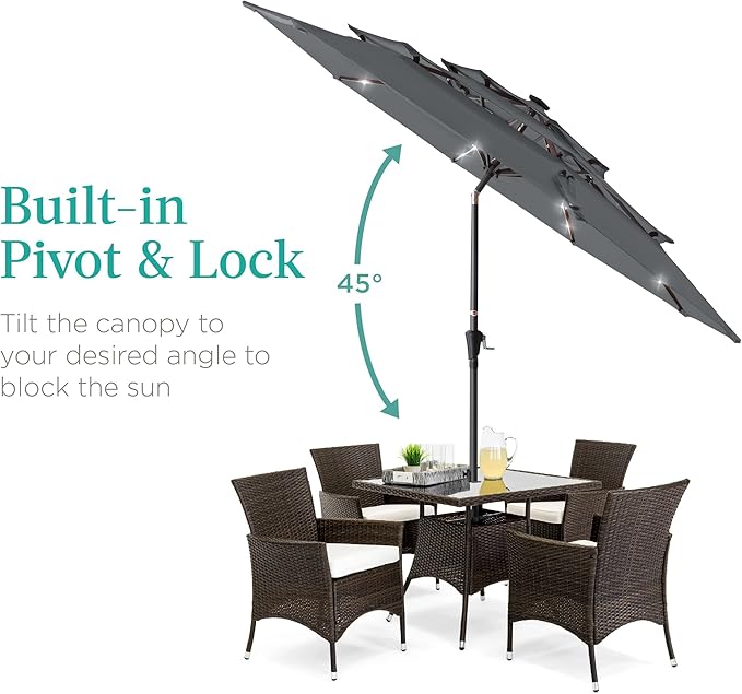 Best Choice Products 10ft 3-Tier Solar Patio Umbrella, Outdoor Market Sun Shade for Backyard, Deck, Poolside w/ 24 LED Lights, Tilt Adjustment, Easy Crank, 8 Ribs - Slate