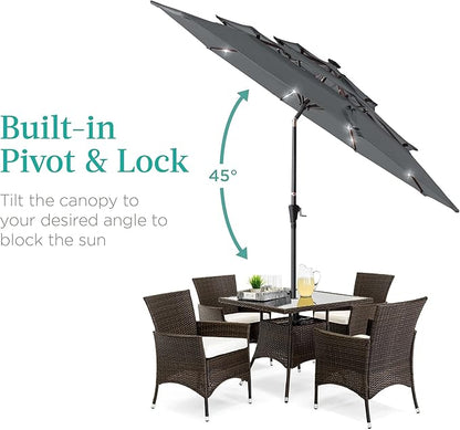 Best Choice Products 10ft 3-Tier Solar Patio Umbrella, Outdoor Market Sun Shade for Backyard, Deck, Poolside w/ 24 LED Lights, Tilt Adjustment, Easy Crank, 8 Ribs - Slate