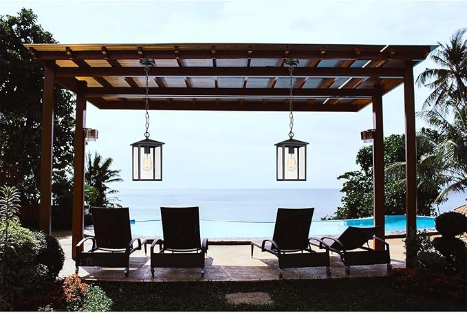 Treekee Outdoor Pendant Lighting, Exterior Hanging Lantern Porch Light, Outside Light Fixture in Black Finish with Seeded Glass, Pendant Lamp for Front, Entry, Patio, Gazebo