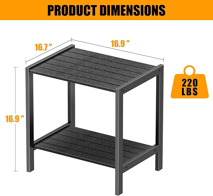 Outdoor Side Table with Storage,Weather-Resistant Square Patio End Tables,2-Tier Small Outdoor Accent Table for Backyard,Pool,Deck,Garden,Waterproof,Easy-to-Clean & Assembly,Black