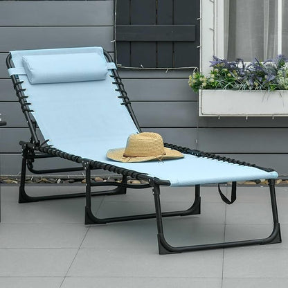 Outdoor Lounge Chair, Tanning Chair with Sunshade Roof, Adjustable Backrest Folding Chaise Lounge with Pillow Headrest for Outside, Beach, Camping, Hiking (No Sunshade Roof, Light Blue)