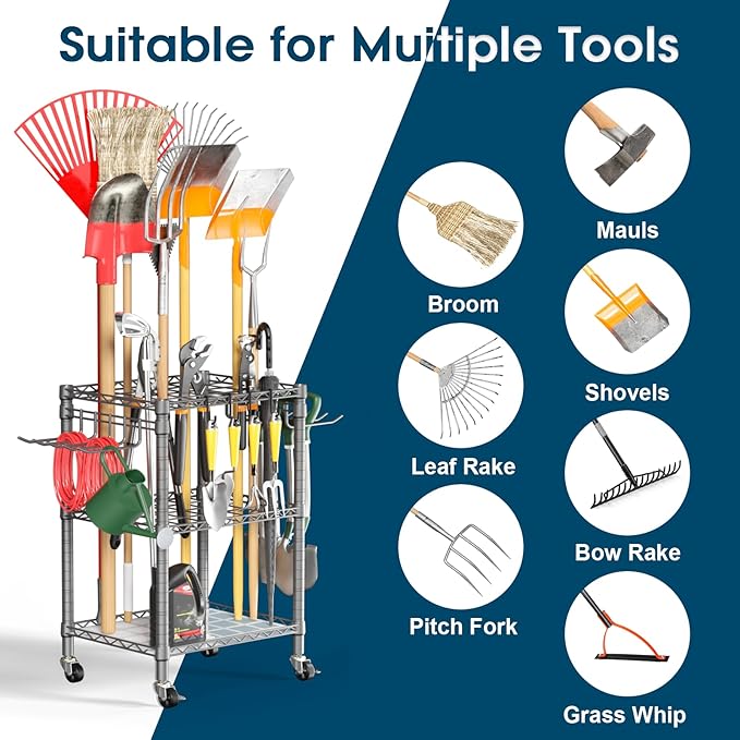 T1 Garden Tool Organizer（with Lockable Wheels） Storage UP to 50 Tools Heavy Duty 7-Tier Over The Toilet Storage（with Basket and Paper Hook） with Adjustable Feet
