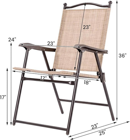 Tangkula Set of 4 Patio Folding Dining Chairs, Outdoor Sling Lawn Chairs with Armrests, Steel Frame, Portable Camping Lounge Chairs for Backyard, Deck, Poolside and Garden, No Assembly (2, Beige)