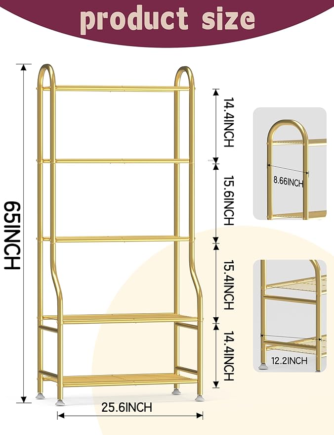 5-Tier Metal Plant Stand - Heavy Duty Indoor Outdoor Flower Shelf for Multiple Pots, 65" Tall Vertical Holder with Adjustable Leveling Feet & Wall-Fixing Kits, Gold