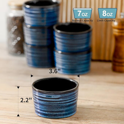 Hasense Ramekins 8 oz Oven Safe for Creme Brulee, Ceramic Souffle Dish Oven Safe Set of 6,Porcelain Dipping Sauce Bowls for Pudding, Creme Brulee, Souffle, Serving Dip, Custard, Ice Cream(Blue)