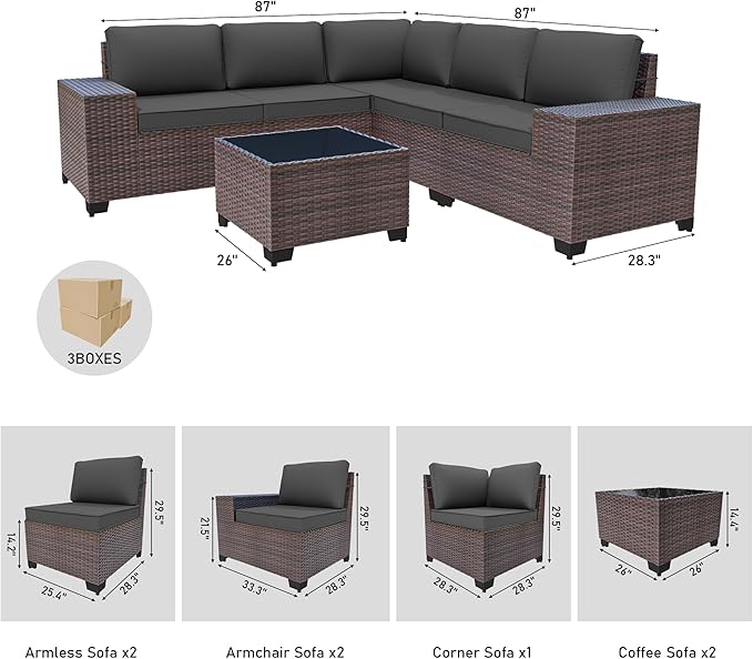 6PCS Outdoor Patio Furniture Set,PE Rattan Wicker Patio Conversation Set with Washable Cushions & Glass Coffee Table,Patio Sectional Furniture Set for Garden, Poolside, Backyard,Grey