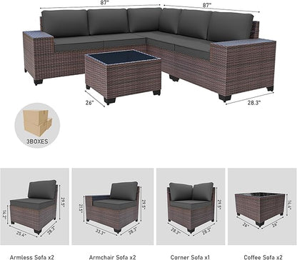 6PCS Outdoor Patio Furniture Set,PE Rattan Wicker Patio Conversation Set with Washable Cushions & Glass Coffee Table,Patio Sectional Furniture Set for Garden, Poolside, Backyard,Grey