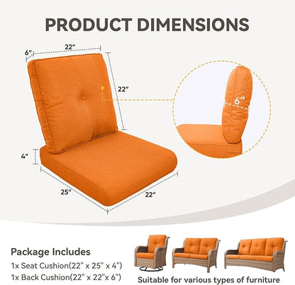 Outdoor Chair Cushions - 22" x 25" x 4" Patio Furniture Cushions with Water Resistant & Removable Cover, 28D High Density Sponge Patio Cushion for Outdoor Furniture Couch Rocker Chair, Orange