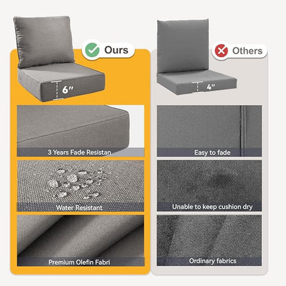 Outdoor Cushion Set for Furniture Patio Furniture, UV Resistant, Water Resistant - 6 Inch Thick Foam Garden Cushions– 22x24 Inch Patio Seat Covers for Chair/Sofa/Couch | Grey | 6-Pack |