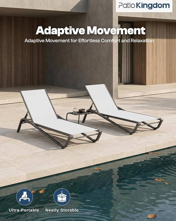 Adjustable Patio Chaise Lounge Chair, Outdoor Pool Lounger for Sunbathing & Tanning, All-Weather Textilene Sun Bed for Beach, Porch & Deck, Rust-Proof Aluminum Frame, White