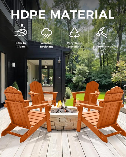 Adirondack Chairs Set of 6, Fire Pit Chairs, Wood Texture Patio Chairs with 2 Cup Holder, Outdoor Lawn Chair, Orange