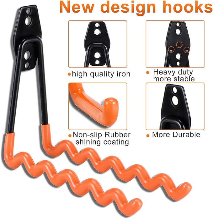 AOBEN 24PCS Garage Hooks, Heavy Duty Double Garage Hanger Organizer Wall Mount Iron Anti-Slip Garage Storage Hooks for Ladder, Power Tool,Bike,Ropes（23 Hooks & 1 hoder Strap-Black