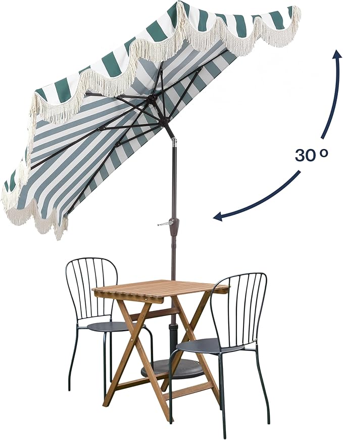 JONATHAN Y Half Umbrella UMB1201F Beverly 9 ft. Designer Classic Scalloped Fringe Market Patio with Crank, Push Button Tilt and UV Protection in Green/White