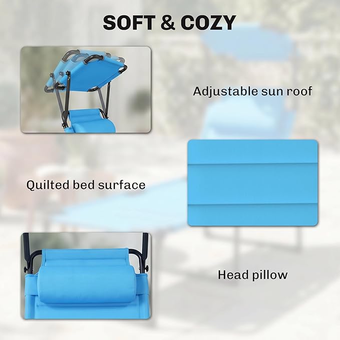 Outsunny Outdoor Lounge Chair, Adjustable Backrest Folding Chaise Lounge, Cushioned Tanning Chair with Sunshade Roof & Pillow Headrest for Beach, Camping, Hiking, Light Blue