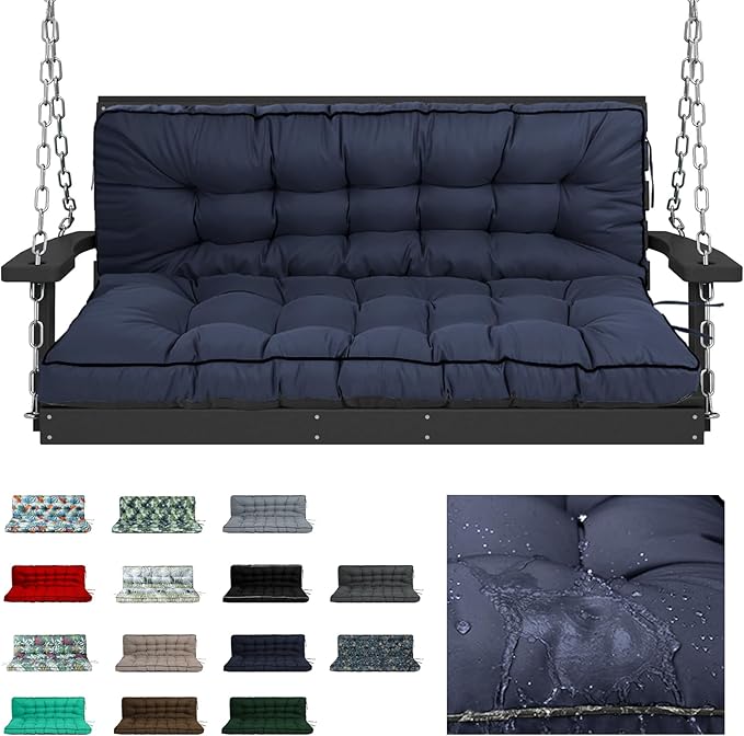 Swing Replacement Cushions with Backrest, 2 or 3 Seater Waterproof Non-Slip Overstuffed Swing Pad, Indoor/Outdoor Bench Cushion for Porch Chair Swing Garden Furniture (Navy Blue, 40 * 70.8in)