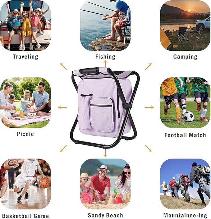 Kikerike Backpack Stool Cooler Chair Heavy Duty 300 LBS Max Load Portable Lightweight Stool Backpack Folding Fishing Cooler Seat for Camping Hunting Fishing - Pale Amethyst