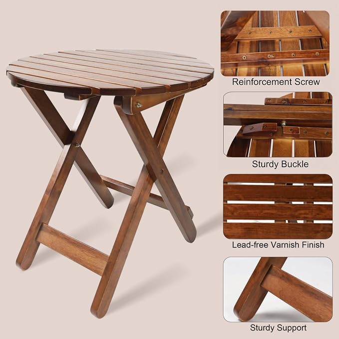 Outdoor Wooden Side Table, Folding Patio End Table, Small Round Furniture Table for Adirondack Chair, Balcony, Porch, Acacia Wood, No Assembly, Brown