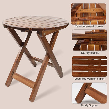 Outdoor Wooden Side Table, Folding Patio End Table, Small Round Furniture Table for Adirondack Chair, Balcony, Porch, Acacia Wood, No Assembly, Brown