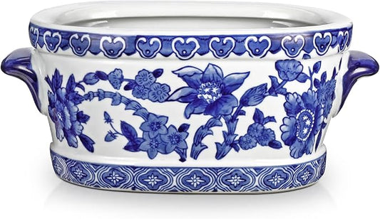 Blue and White Ceramic Planter Pot – Vintage Floral Oval Cachepot Vase for Indoor Plants, Flowers & Succulents – Glazed Chinese Porcelain Style Decorative Bowl – 7.4" Size – No Drainage