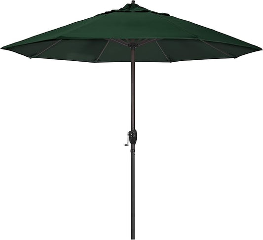 California Umbrella 9' Round Aluminum Outdoor Deck, Pool or Patio Umbrella, Crank Lift, Auto Tilt, Bronze Pole, Hunter Green Olefin