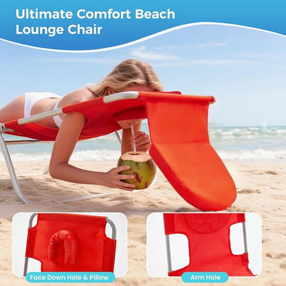 DUMOS Lounge Chair Outdoor, Beach Tanning Chair with Face Hole, Red | 5-Position Adjustable Sunbathing Tanning Chair, Foldable Portable Chaise Lounge by Pool Patio Lawn Camping Reading, Arm Hole
