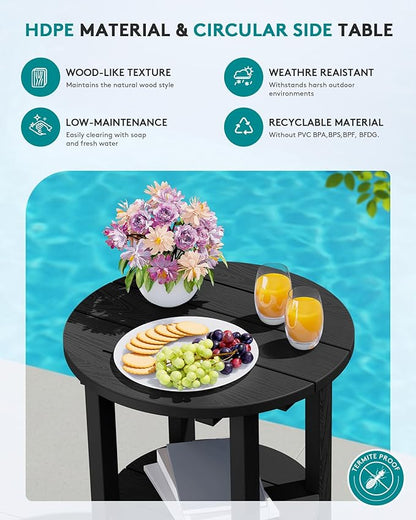 SERWALL Round Outdoor Side Table Set of 2, HDPE Small Adirondack Double End Table, Black