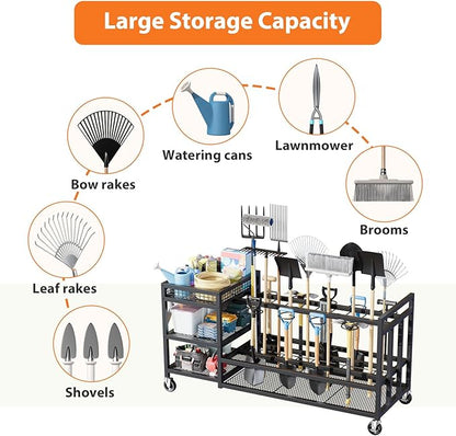 HavenlyYouth Garden Tool Organizer with Wheels-Movable Garden Tool Rack with Storage Hooks for Long-Handled Tools/Rakes/Brooms/Shovels,Heavy Duty Metal Garden Tool Storage for Garage,Shed,Garden,Black