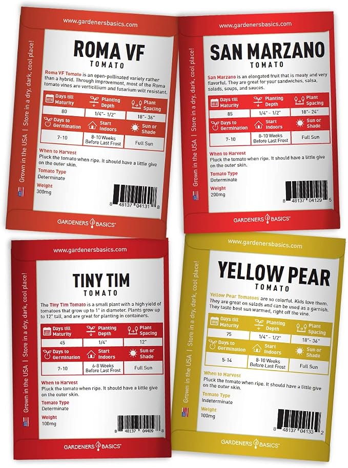 Gardeners Basics, Tomato Seeds for Planting 16 Variety Pack Heirloom Tomato Seeds, Tiny Tim, Cherry Tomato Seeds, Beefsteak Seeds, Roma Tomato Seeds, Determinate and Indeterminate and More, Non GMO