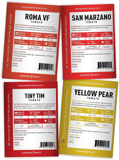 Gardeners Basics, Tomato Seeds for Planting 16 Variety Pack Heirloom Tomato Seeds, Tiny Tim, Cherry Tomato Seeds, Beefsteak Seeds, Roma Tomato Seeds, Determinate and Indeterminate and More, Non GMO