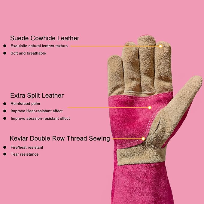 Gardening Gloves for Women, Long Thorn Proof Garden Gloves for Yard Work, Heat Resistant Leather Gloves for Welding, BBQ, Cooking, Fireplace, Chainsaw, Utility, Durable, Rose Red, M